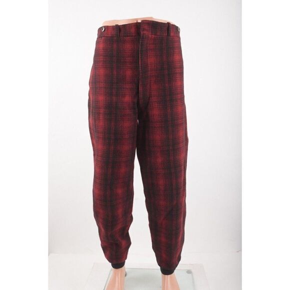 Vintage 1950s Woolrich Mens Hunting Pants Joggers Red Plaid Wool 34 Waist - Picture 1 of 7